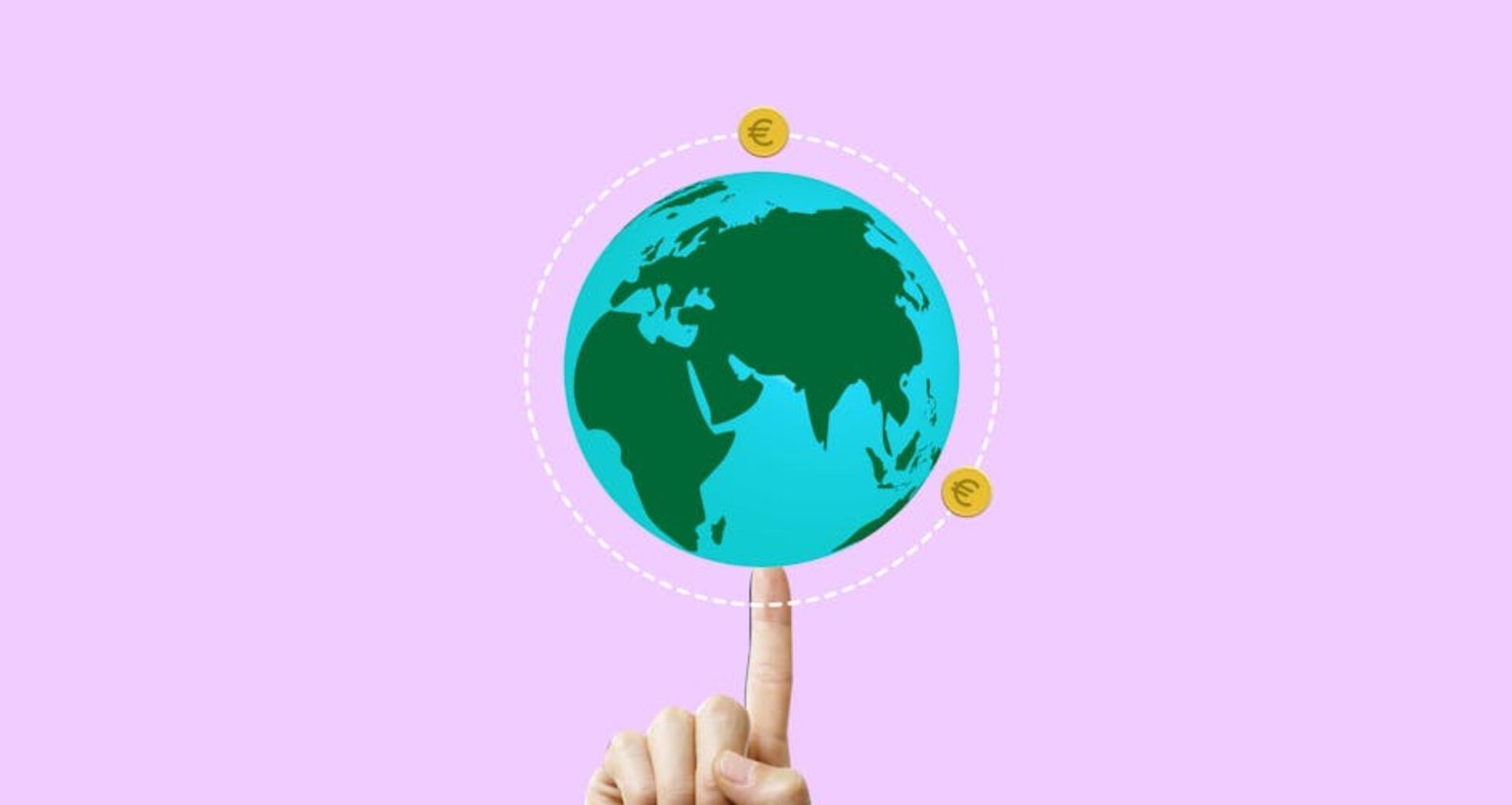 Hand balancing Earth with Euro symbols, illustrating global economy.